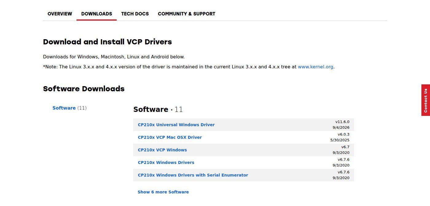 Lista de descargas de la página oficial de Silicon Labs con el CP210x Universal Windows Driver y el CP210x VCP Windows